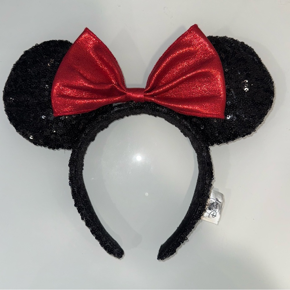 Black Sequin Ears with Red Bow Headband